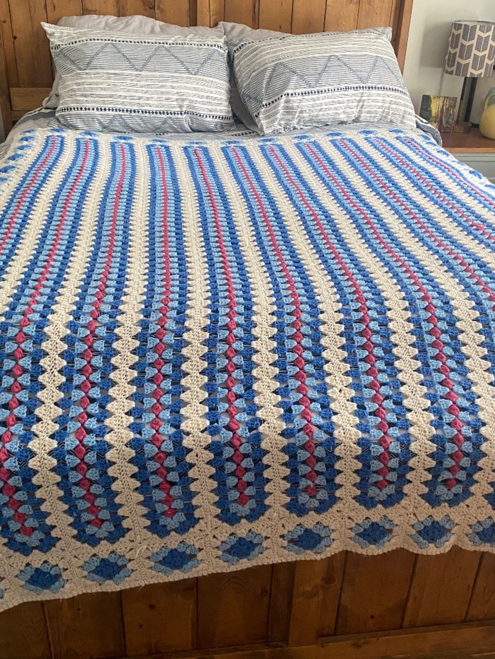 Vintage handmade crochet blanket/bedspread cream/blues/pink cottagecore boho